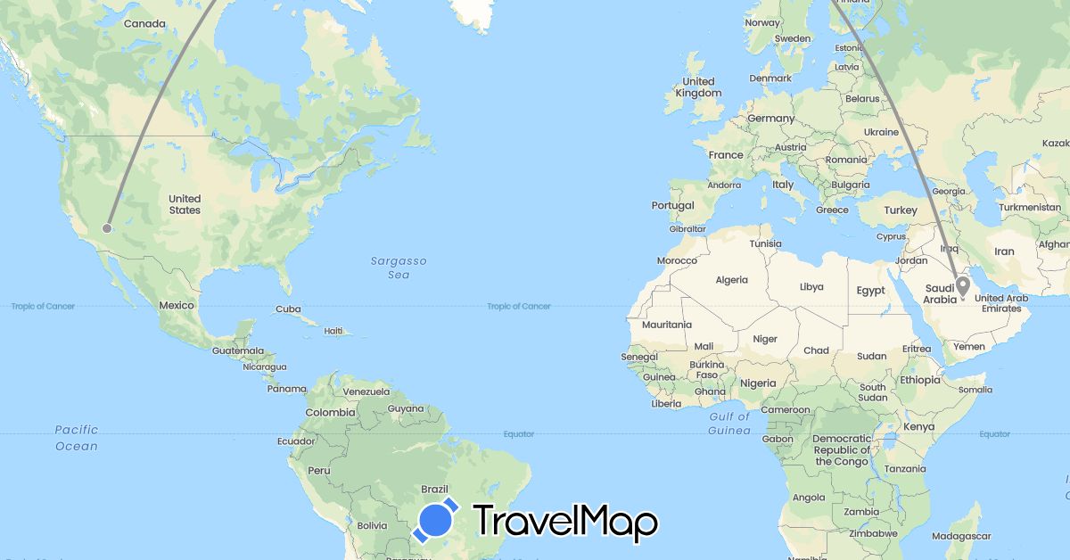TravelMap itinerary: driving, plane in Saudi Arabia, United States (Asia, North America)